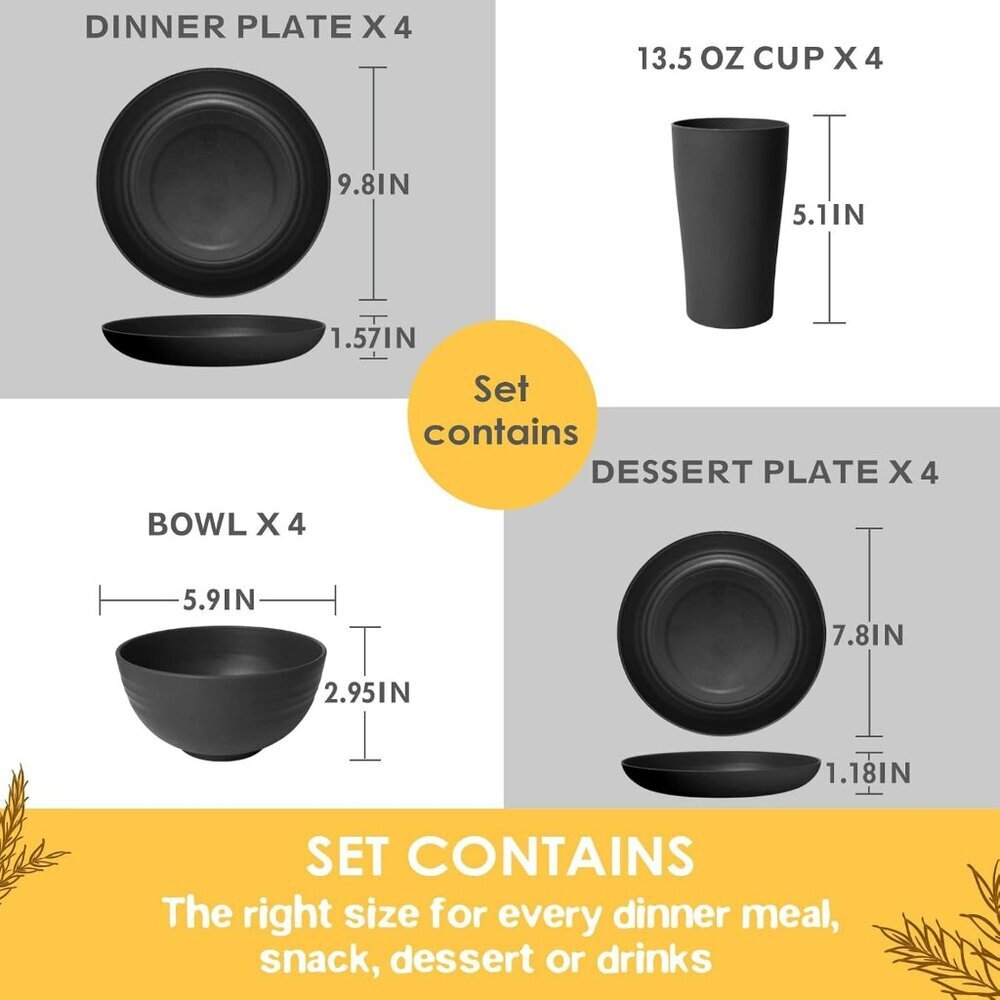 16-Piece Kitchen Plastic Wheat Straw Dinnerware Set, Service for 4, Dinner Plate - Picture 2 of 7